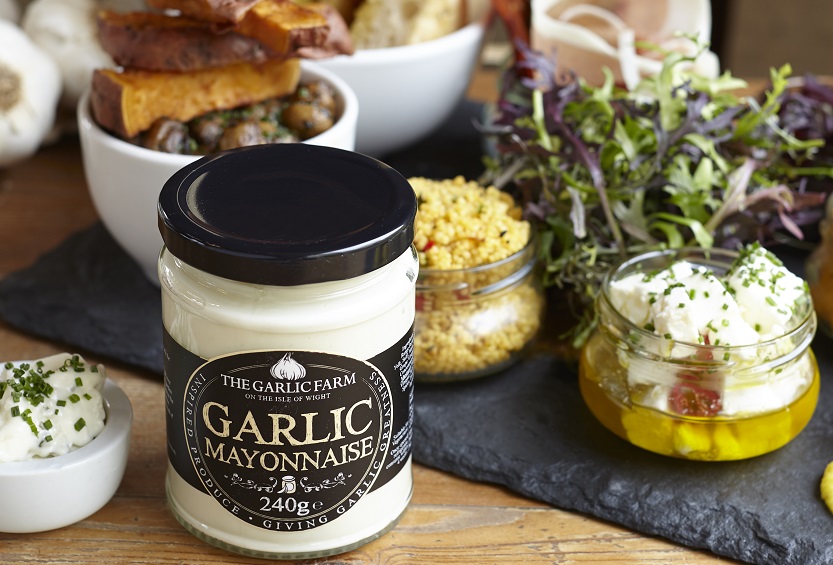 Garlic Farm mayonnaise on a table with lunch foods