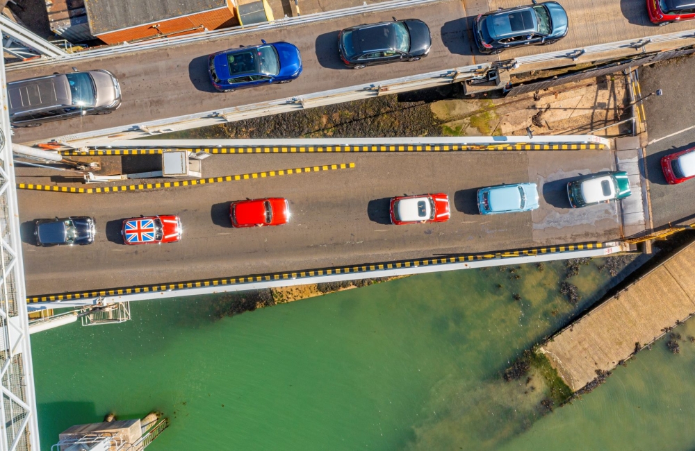 Arial view of cars unloading the ferry