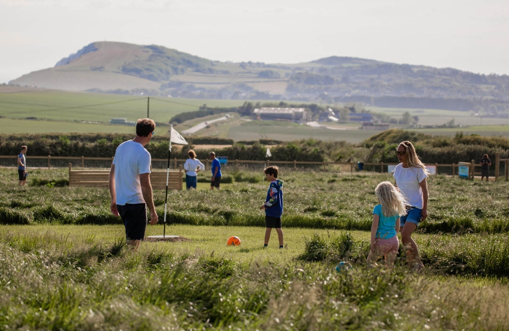 a family playing football golf