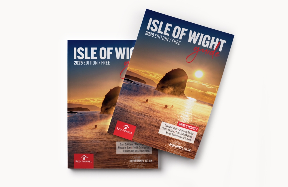 Isle of Wight Guide 2025 front cover depicting sunrise at freshwater bay