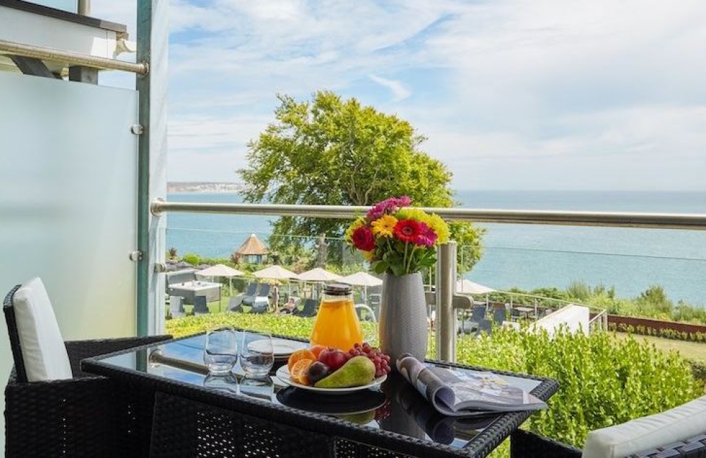 Luccombe Hall Hotel view from the balcony of the sea facing twin or king bedroom