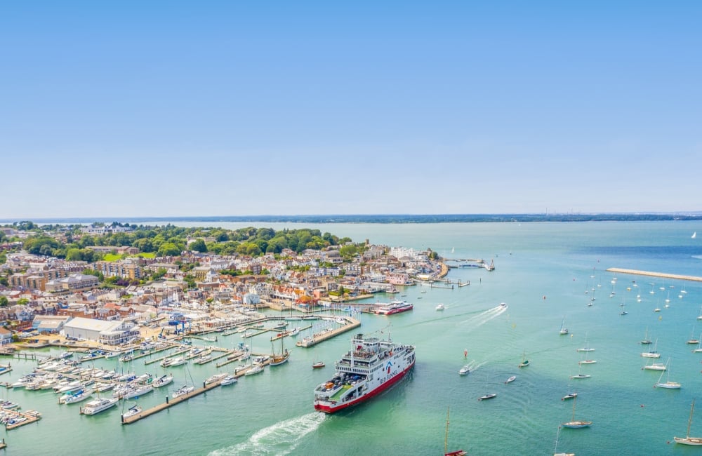 drone photo of ferry sailing past cowes