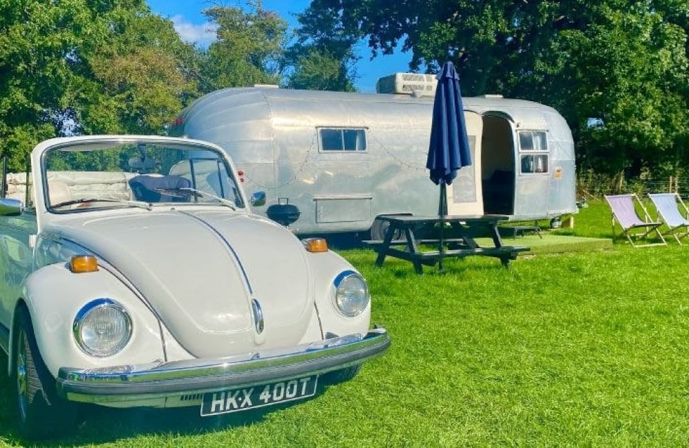Airstream and convertible VW Beetle