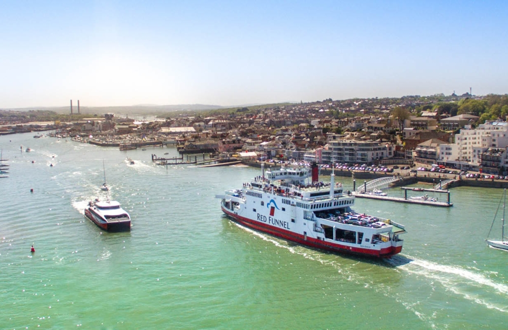 ferry and red jet