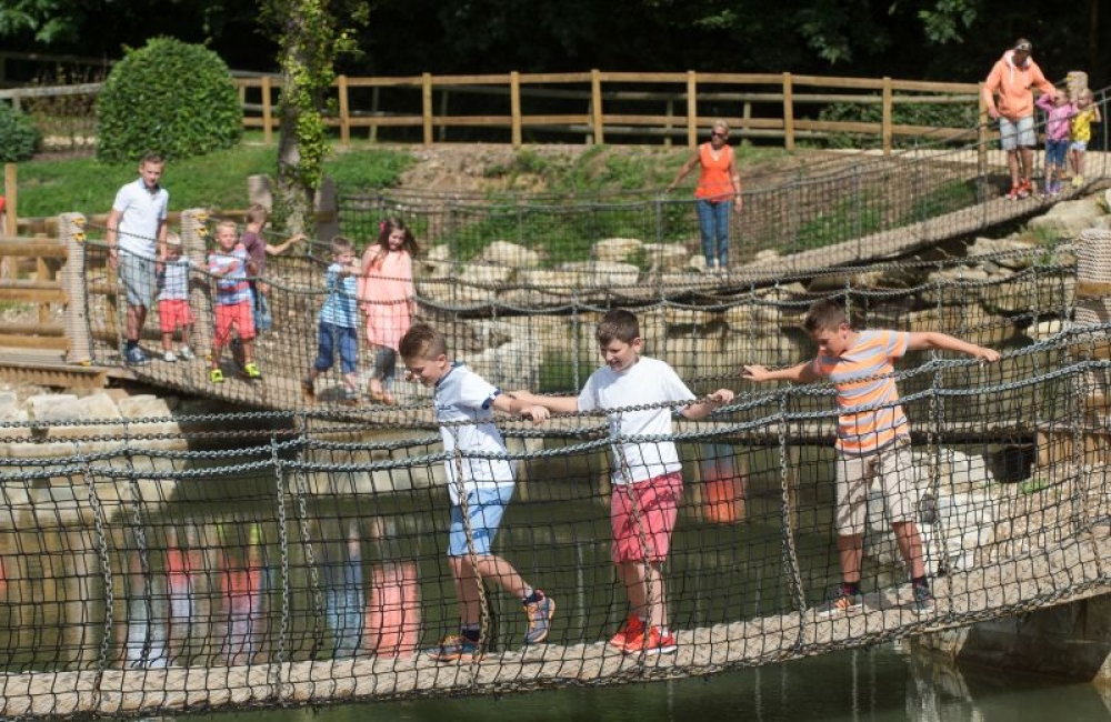 Children walking across the swing bridge