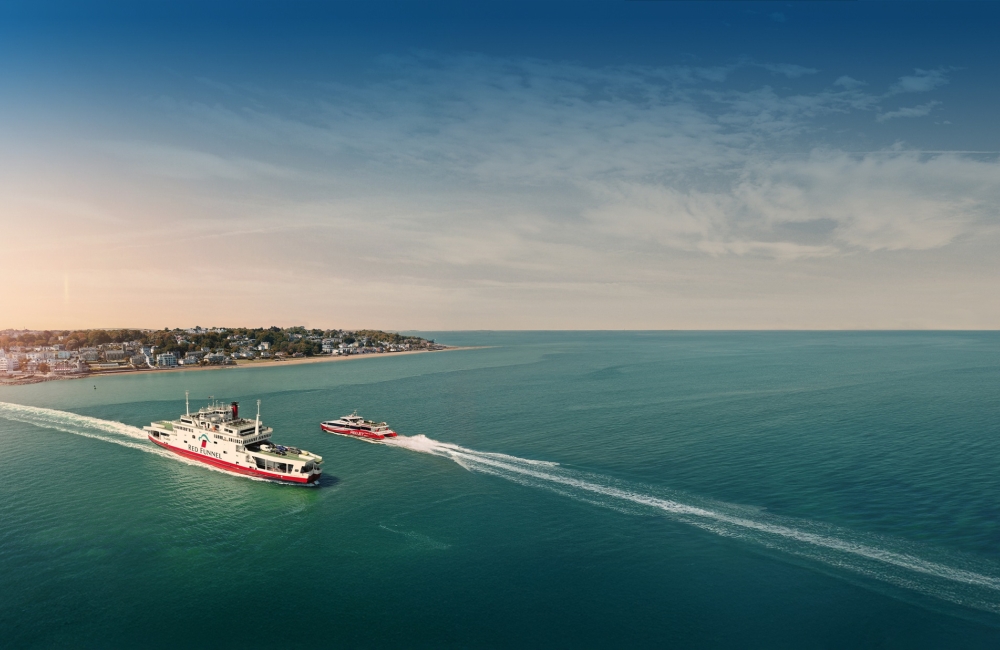 ferry and red jet crossing each other in the solent