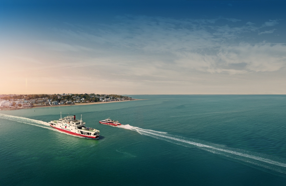 ferry and red jet crossing each other in the solent