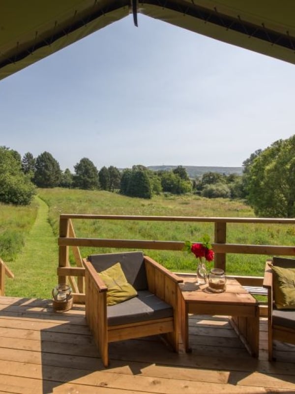Sibbecks Farm Glamping Meadow Escape view of the countryside from the decking