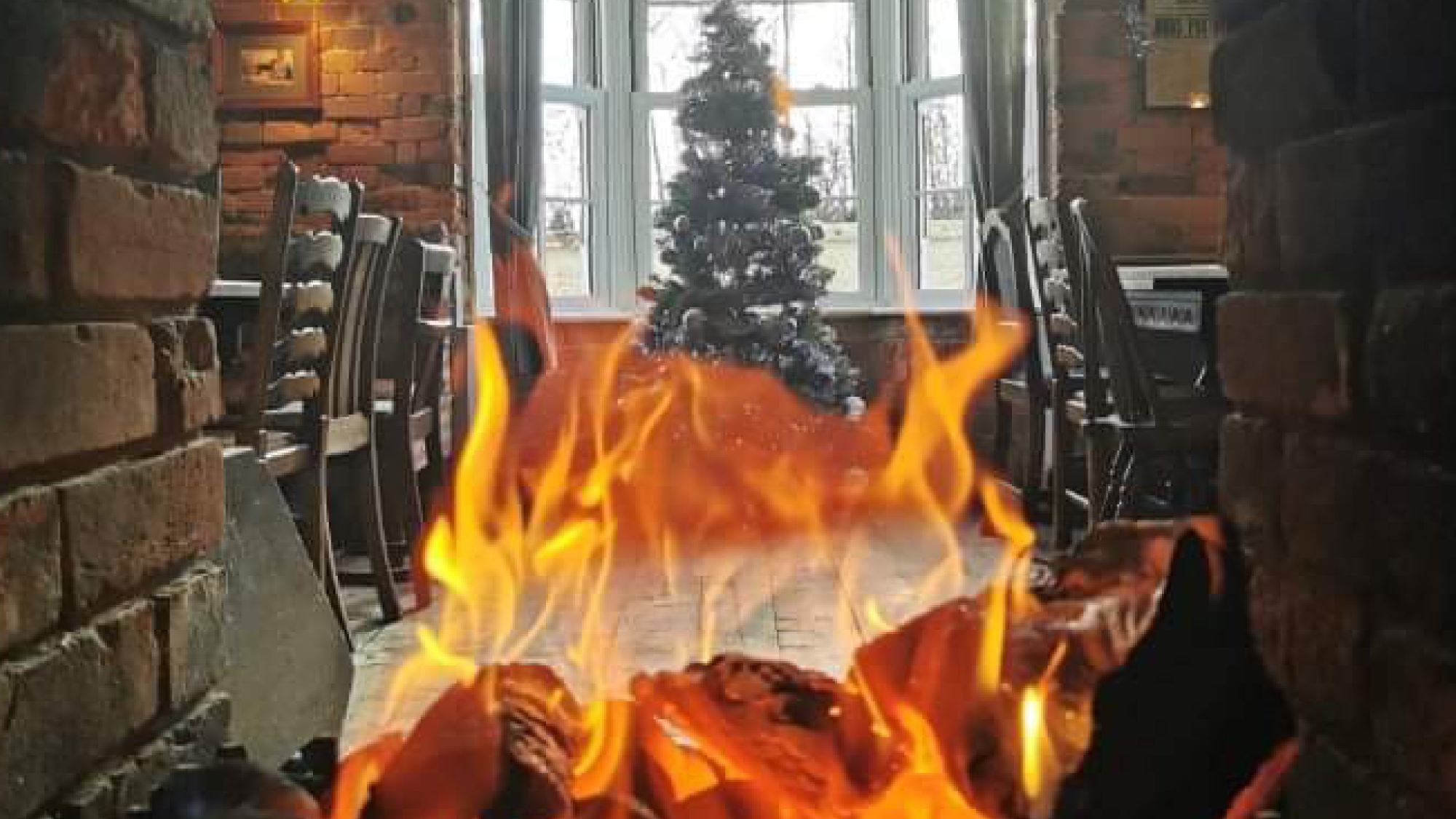 roaring open fire with Christmas tree and tables and chairs in the background