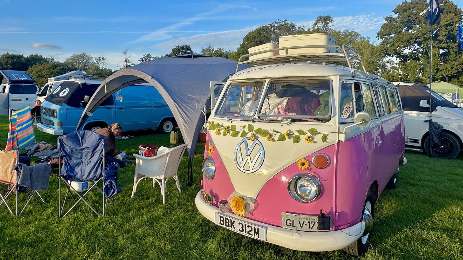a pink decorated VW camper