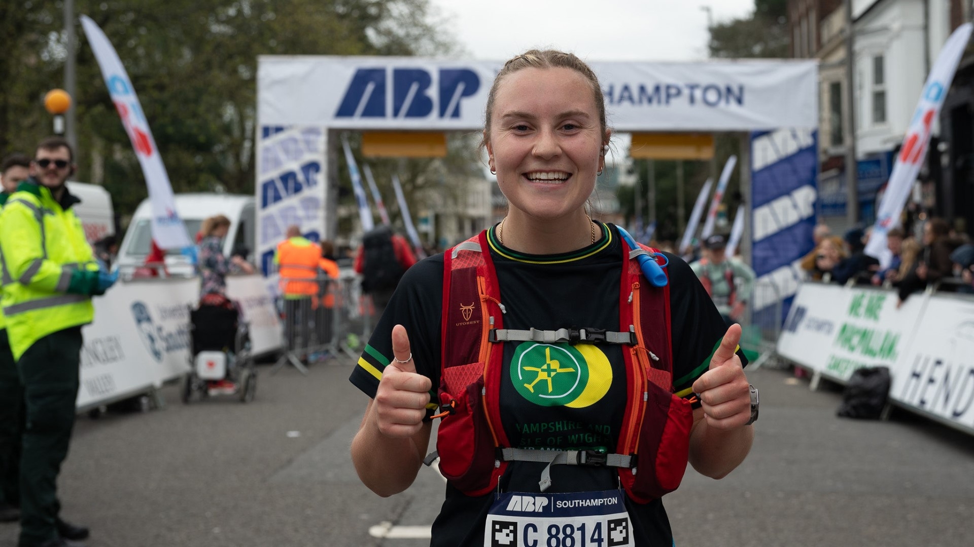 a marathon runner in hampshire and isle of wight air ambulance t shirt