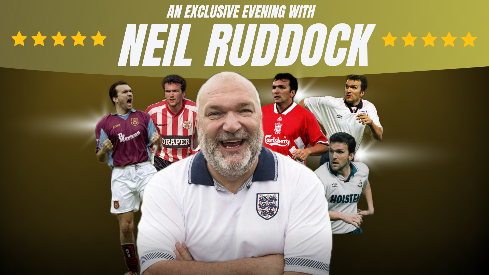 event poster with images of neil ruddock in different club kits