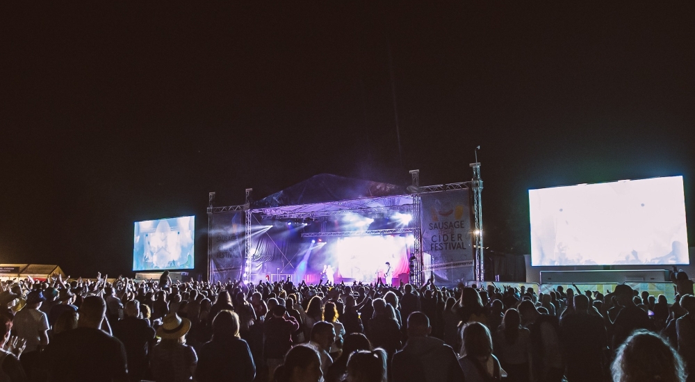 crowds at a festival in front of a stage at night