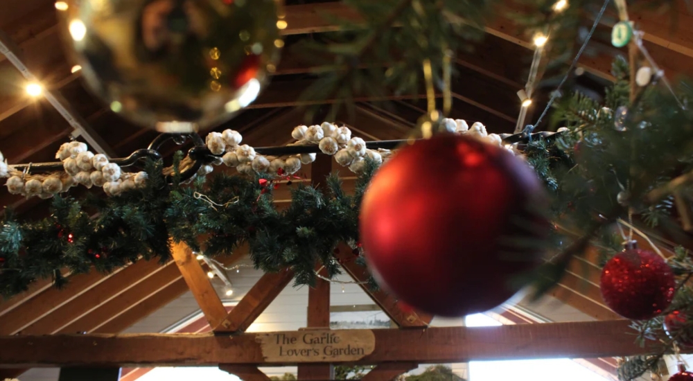 baubles and garlic clove garlands 