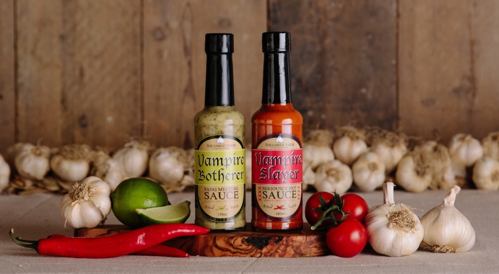 bottles of 'vampire botherer' and 'vampire slayer' garlic sauces