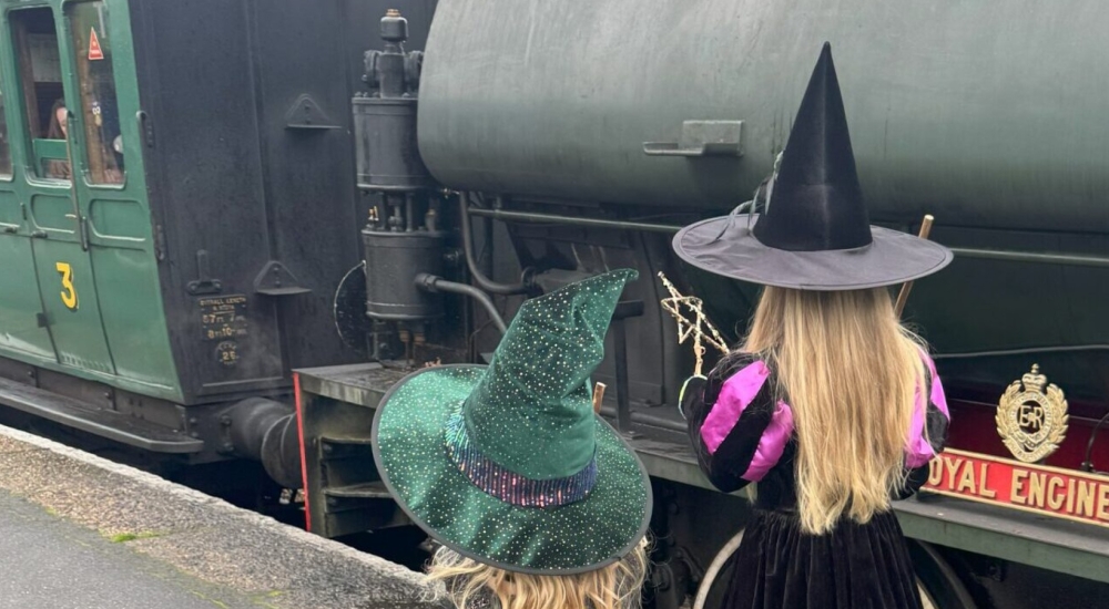 children in witch hat fancy dress next to train carriage