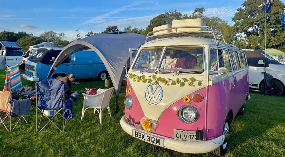 a pink decorated VW camper