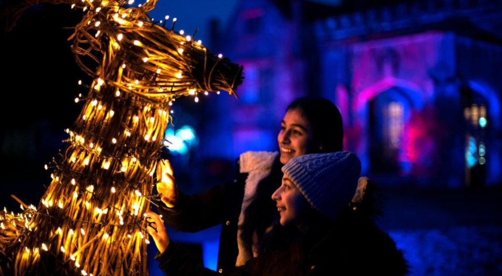 a reindeer sculpture lit up by fairy lights