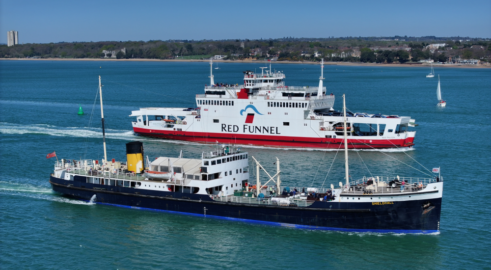 steamship shieldhall cruising alongside Red Falcon