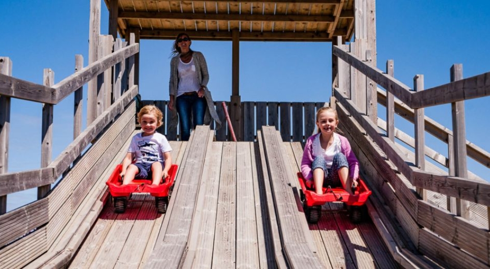 Children playing on the wooden sledge